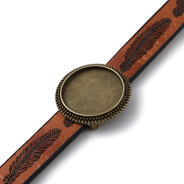

PandaHall Alloy Flat Round Link Bracelet Settings fit for Cabochons, with Feather Pattern PU Leather Cords, Antique Bronze, 8 inch(20.3cm)...