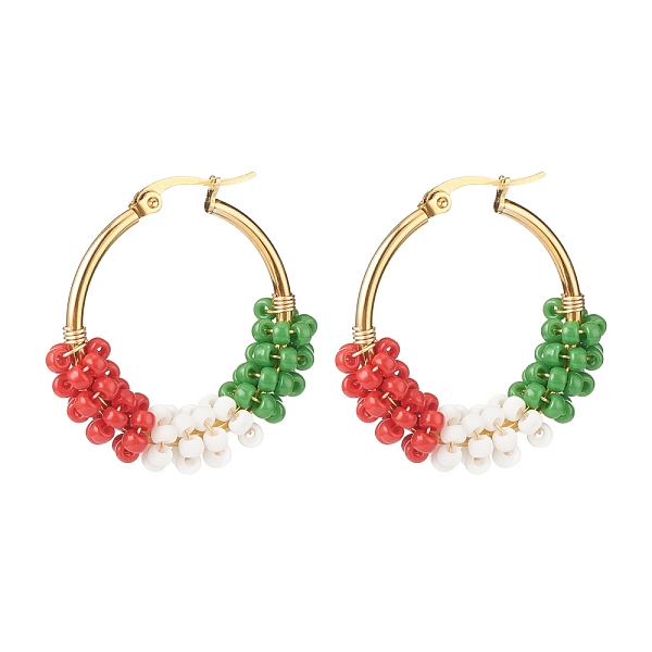 

PandaHall Christmas Theme Glass Seed Braided Hoop Earrings, Gold Plated 304 Stainless Steel Jewelry for Women, Colorful, 31.5x33x8mm, Pin...