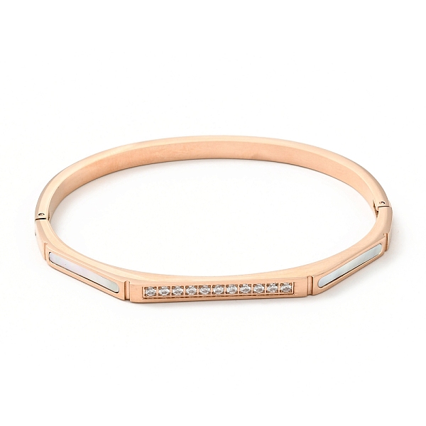

PandaHall Shell Oval and Cubic Zirconia Hinged Bangle, 304 Stainless Steel Jewelry for Women, Rose Gold, Inner Diameter: 1-7/8x2-1/4 inch..., Clear