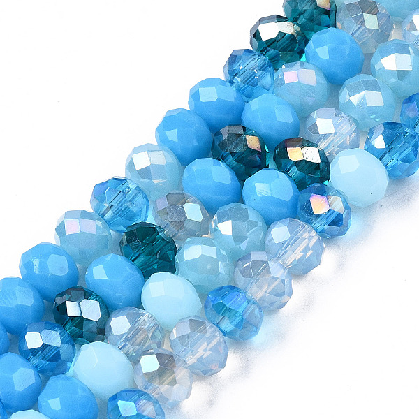 

PandaHall Electroplate Glass Beads Strands, Faceted, Rondelle, Deep Sky Blue, 5.5~6x5mm, Hole: 1mm, about 90~92pcs/strand, 16.54~16.93''...