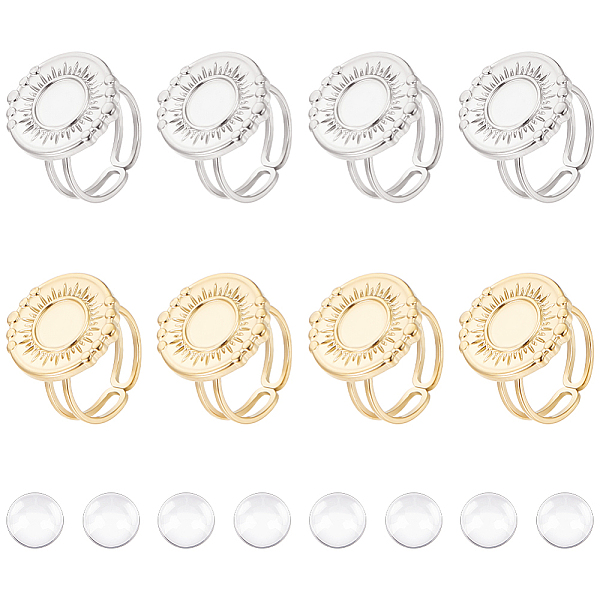 UNICRAFTALE 8pcs 2 Colors Stainless Steel Open Cuff Finger Ring 2 Colors Open Blank Ring Tray with Glass Cabochons Metal Base Bezel Pad Cabochon Ring Settings for Jewelry Making