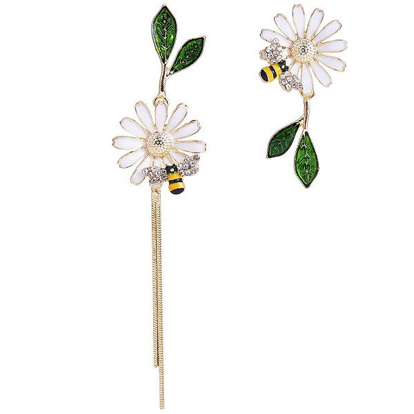 

PandaHall Daisy & Bee Enamel Asymmetric Earrings, Golden Alloy Long Tassel Dangle Stud Earrings for Women, Green, 91x20mm, 42x20mm, Pin...