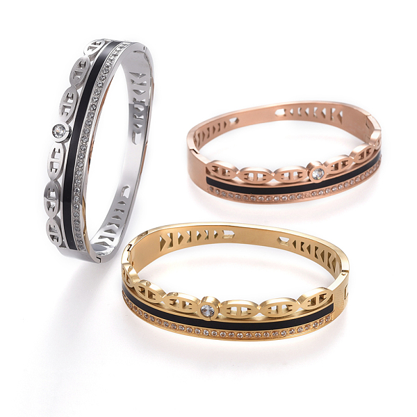 

PandaHall Unisex 304 Stainless Steel Bangles, with Black Enamel, Crystal Rhinestone, Mixed Color, 2-3/8 inchx1-7/8 inch(6x4.8cm), 7~13mm..., Clear