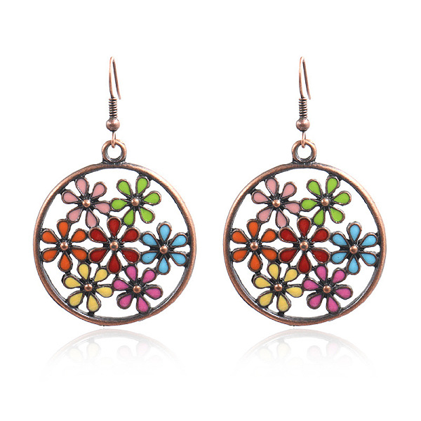 

PandaHall Alloy Enamel Dangle Earrings, Ring with Flower, Colorful, Red Copper, 58x34mm Alloy