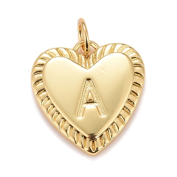 Rack Plating Real 18K Gold Plated Brass Pendants, with Jump Rings, Long-Lasting Plated, Lead Free & Cadmium Free & Nickel Free, Heart with Letter A-Z, Letter.A, 16x15x2.5mm, Jump Ring: 5x0.5mm, 3mm Inner Diameter