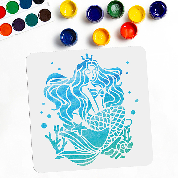 PandaHall PET Hollow Out Drawing Painting Stencils, for DIY Scrapbook, Photo Album, Mermaid Pattern, 300x300mm Plastic Mermaid