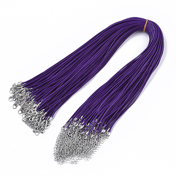

PandaHall Waxed Cotton Cord Necklace Making, with Alloy Lobster Claw Clasps and Iron End Chains, Platinum, Indigo, 44~48cm, 1.5mm Waxed..., Purple