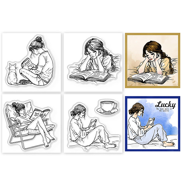 

PandaHall GLOBLELAND 4Pcs Mini Book Reading Lady Clear Stamps for DIY Scrapbooking Silicone Stamp Seals Lazy Afternoon Transparent Stamps...