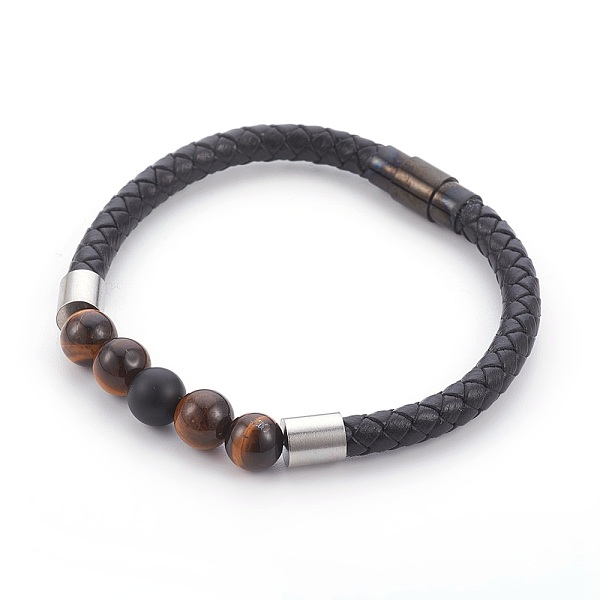 

PandaHall Men's Natural Tiger Eye Bracelets, with Leather Cord, 304 Stainless Steel Finding, 8-1/2 inch(21.5cm), 6mm Tiger Eye