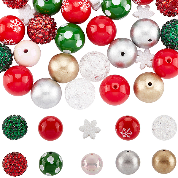 

PandaHall SUNNYCLUE 50Pcs 10 Style Christmas Theme Acrylic Beads, with Resin Rhinestone, Round & Snowflake, Mixed Color..., Multicolor