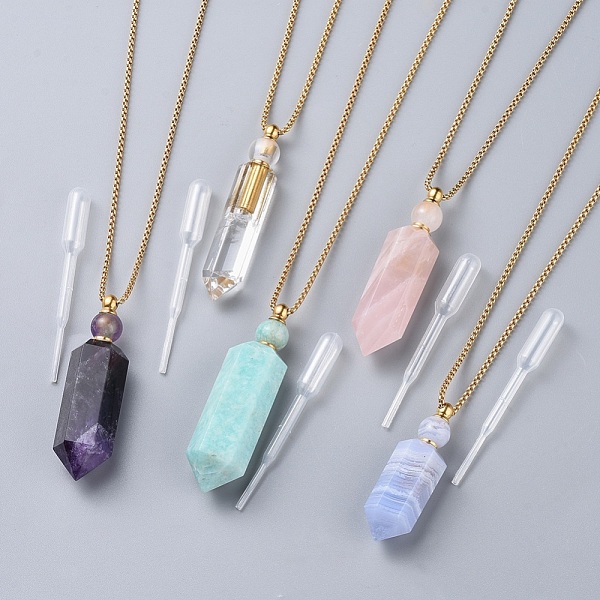 PandaHall Natural Gemstone Perfume Bottle Pendant Necklaces, with Stainless Steel Box Chain and Plastic Dropper, Hexagonal Prism, Golden...