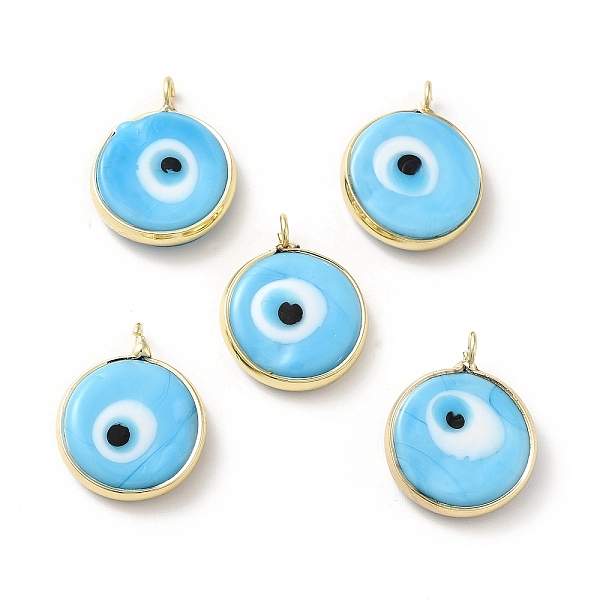 

PandaHall Handmade Evil Eye Lampwork Pendants, with Rack Plating Brass Findings, Long-Lasting Plated, Flat Round, Deep Sky Blue...