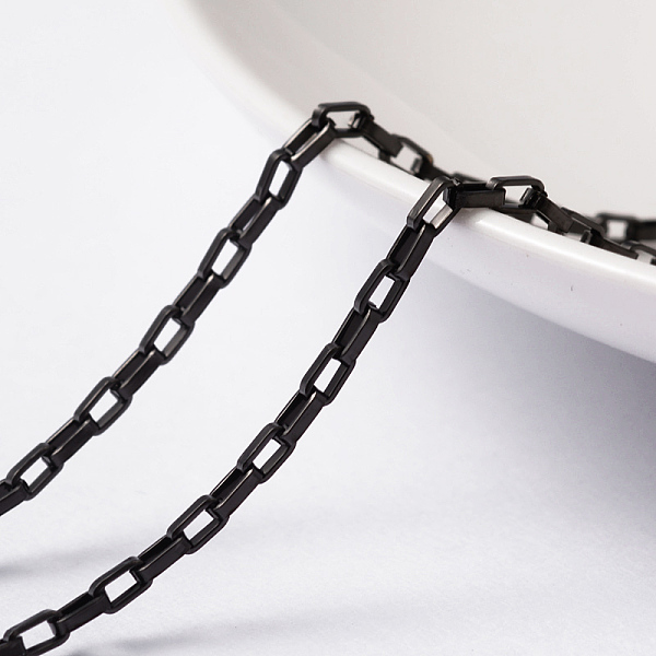

PandaHall 304 Stainless Steel Venetian Chains, Box Chains, Unwelded, with Spool, Rectangle, Electrophoresis Black, 3x1.8x0.8mm, about 32.8...