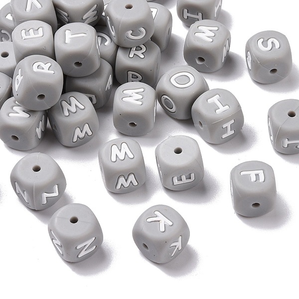 

PandaHall Silicone Beads, Cube with Random Mixed Letters, Gray, 12x12x12mm, Hole: 2mm Silicone Letter Gray