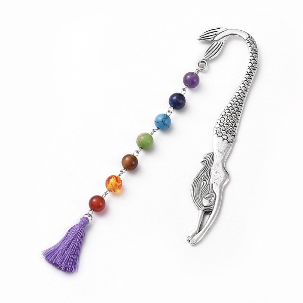 PandaHall Tibetan Style Alloy Bookmarks, with Gemstone Beads Chains, Cotton Thread Tassel Pendant Decorations, Mermaid, Medium Purple, 165mm...