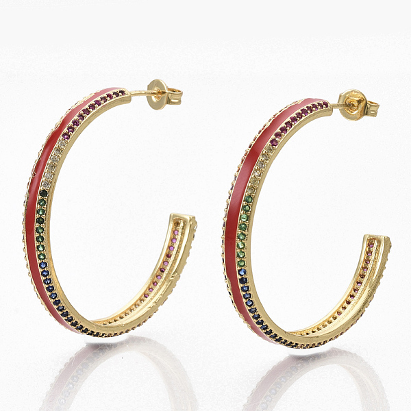 

PandaHall Brass Micro Pave Colorful Cubic Zirconia Stud Earrings, Half Hoop Earrings, with Enamel and Ear Nuts, Real 18K Gold Plated..., Red
