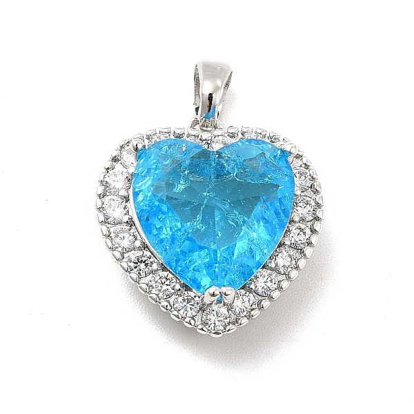 

PandaHall Brass Micro Pave Clear Cubic Zirconia Pendants, with Faceted Glass, Heart Charm, Real Platinum Plated, Deep Sky Blue...