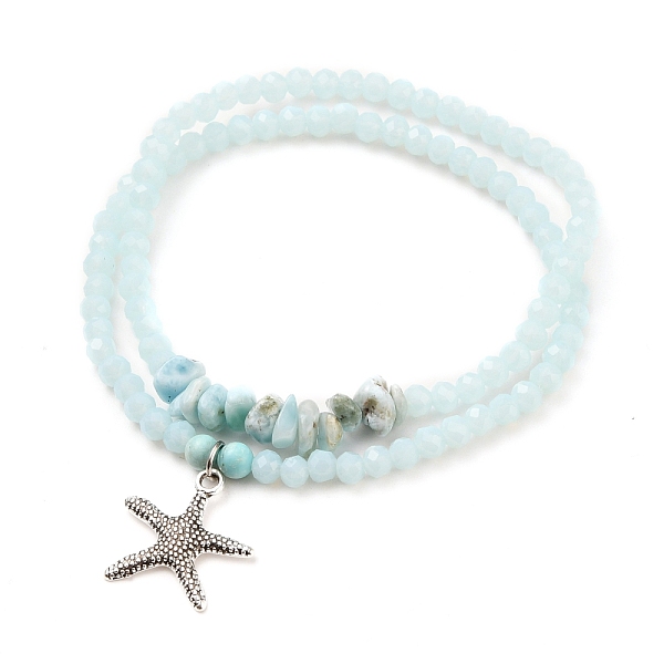 

PandaHall Stretch Bracelets Sets, Stackable Bracelets, with Starfish Alloy Pendants, Rondelle Glass Beads, Natural Larimar & Turquoise(Dyed)...