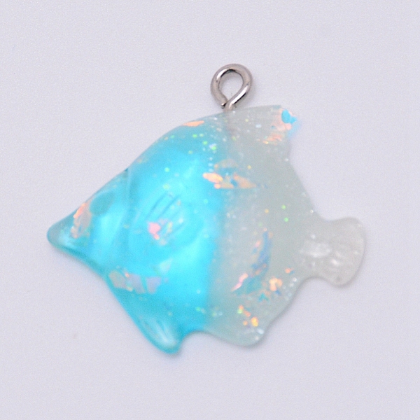 

PandaHall Transparent Resin Pendants, with Platinum Plated Iron Loop, Fish Shape, Cyan, 28.5x30x8.5mm, Hole: 2mm Iron+Resin Fish Cyan