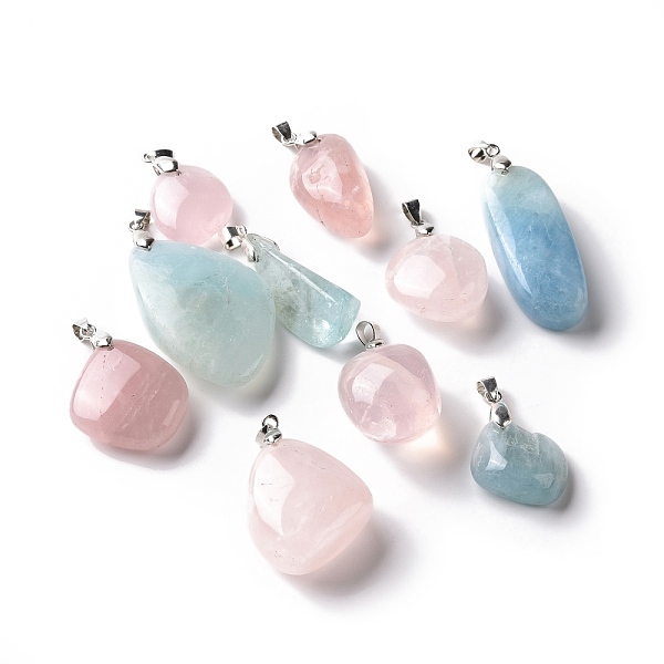 

PandaHall Natural Aquamarine & Rose Quartz Pendants, with Platinum Tone Brass Findings, Nuggets, 31~56x15.5~31.5x10~21mm, Hole: 5.2x3.9mm...