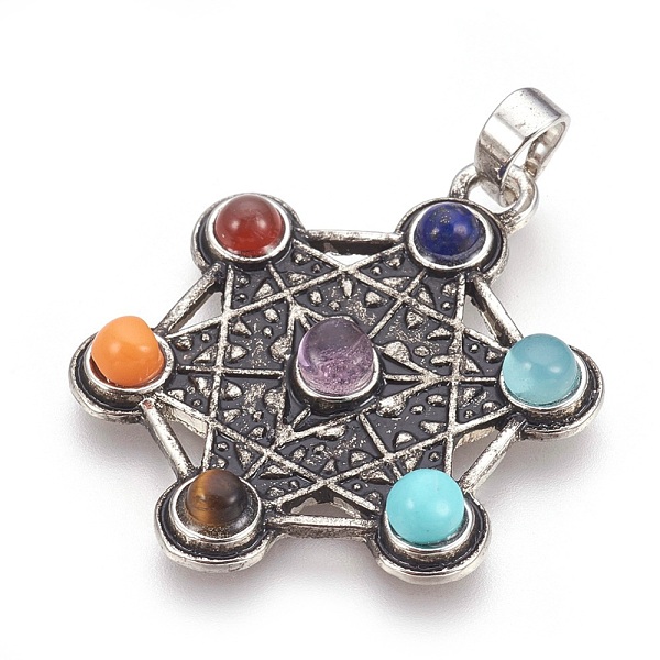 

PandaHall Natural & Synthetic Gemstone Pendants, with Alloy Findings, Chakra, Metatron's Cube/Sacred Geometry, Antique Silver, 38x30x5mm..., Multicolor