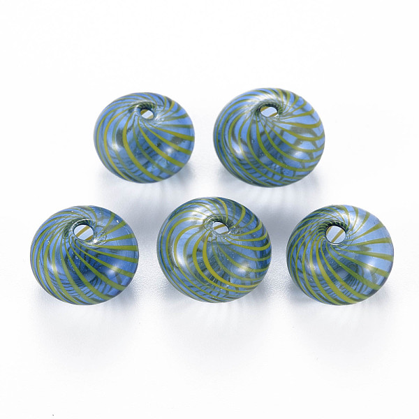 

PandaHall Transparent Handmade Blown Glass Globe Beads, Stripe Pattern, Flat Round, Cornflower Blue, 15.5~17.5x10~12mm, Hole: 1~2mm Glass...