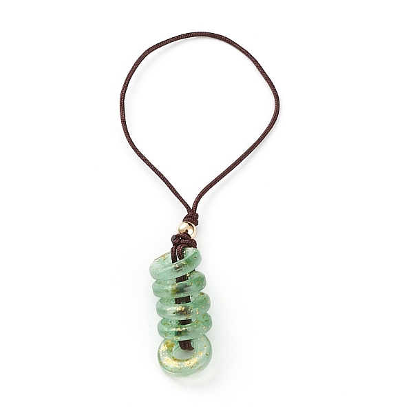

PandaHall Glass Pendant Decorations, with Nylon Thread and Brass Round Beads, Donut, Golden, Pale Green, 95mm, Hole: 35mm Glass Donut