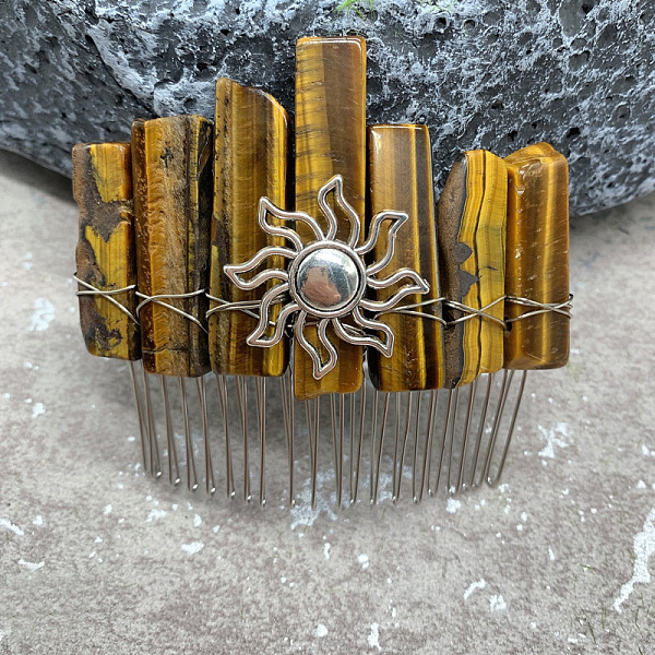 

PandaHall Sun Wire Wrapped Natural Tiger Eye Hair Combs, with Iron Combs, Hair Accessories for Women Girls, 100x100mm Tiger Eye