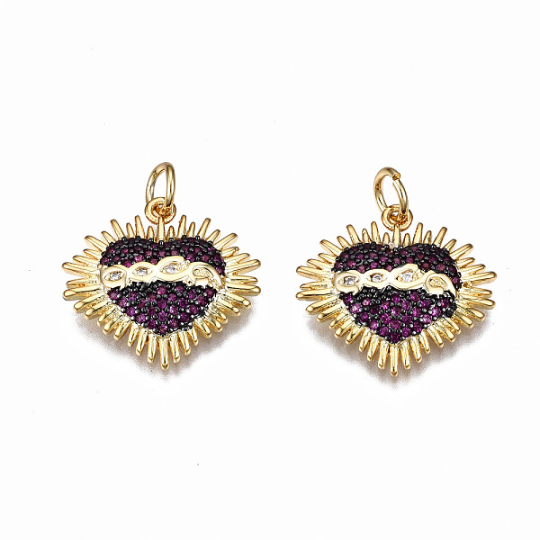 

PandaHall Brass Micro Pave Cubic Zirconia Pendants, with Jump Rings, Nickel Free, Heart, Real 16K Gold Plated, Purple, 17.5x18.5x3mm, Jump...