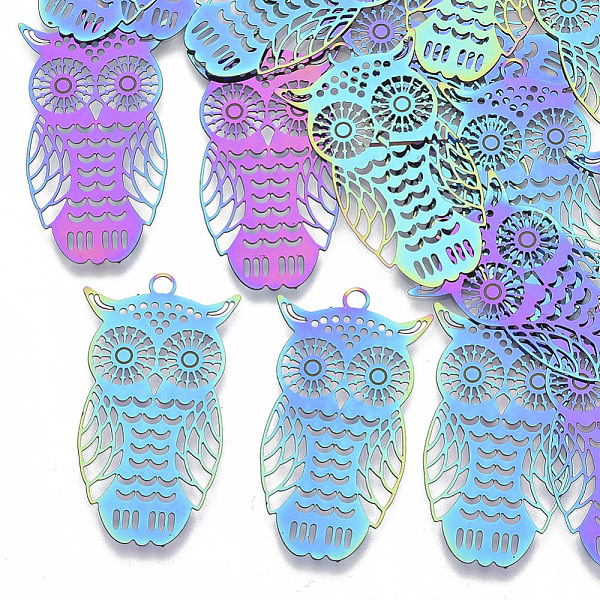 

PandaHall Ion Plating(IP) 201 Stainless Steel Filigree Pendants, Etched Metal Embellishments, Owl, Rainbow Color, 36x20x0.3mm, Hole: 1.8mm...