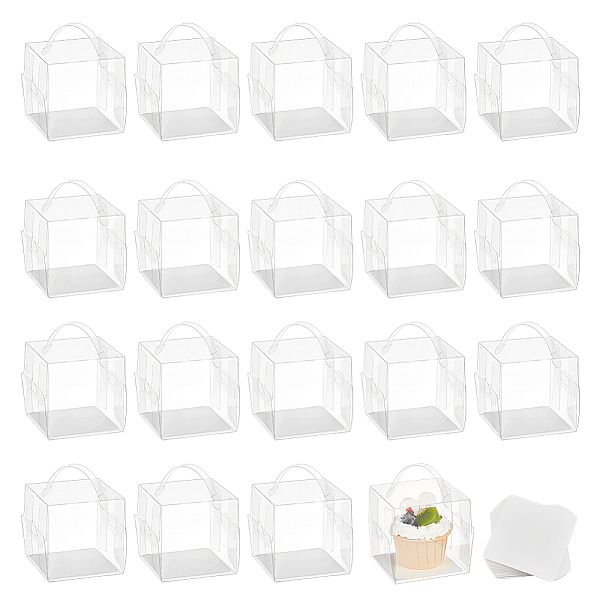 PandaHall 20 Pcs Hanging Transparent Gift Boxes, 3.3x3.2x3.3 Clear Candy Box Cube PVC Favour Boxes with Paper Mat and Handle for Candy Cake...