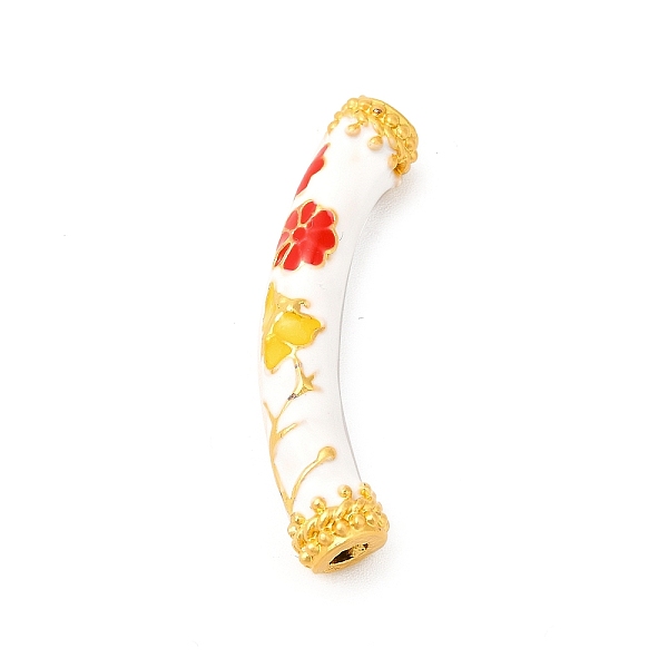 

PandaHall Pack Plating Alloy Enamel Beads, Matte Gold Color, Curved Tube with Flower, White, 9.5x37x7mm, Hole: 3mm Alloy+Enamel Tube White