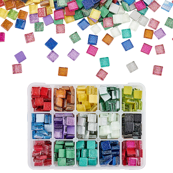 

PandaHall Olycraft Glitter Glass Cabochons, Mosaic Tiles, for Home Decoration or DIY Crafts, Square, Mixed Color, 10x10x4mm, 15 colors..., Multicolor