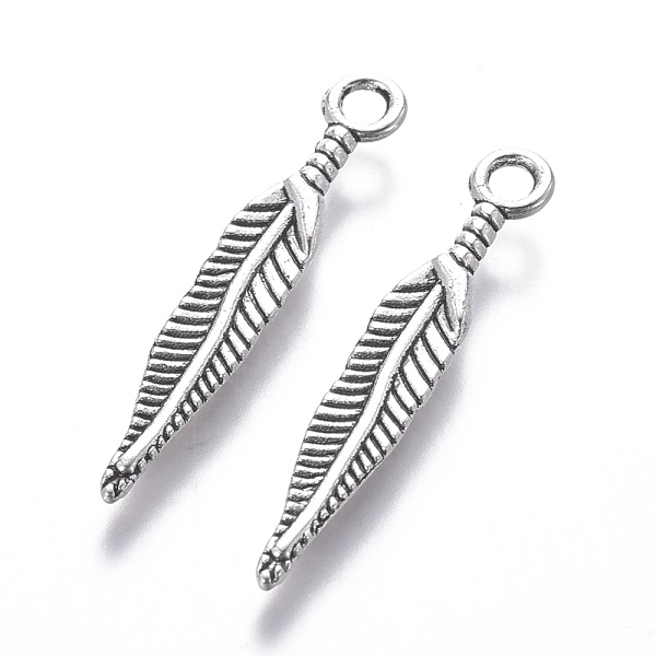 PandaHall Tibetan Style Alloy Pendants, Cadmium Free & Nickel Free & Lead Free, Feather, Antique Silver, 29x5mm, Hole: 2mm Alloy Feather