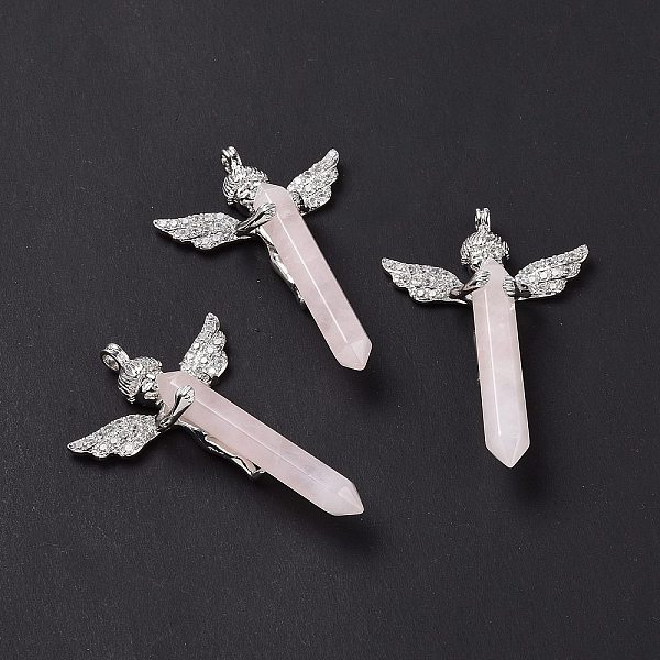 

PandaHall Natural Rose Quartz Faceted Double Terminal Pointed Big Pendants, Angel Charms, with Platinum Tone Brass Findings...