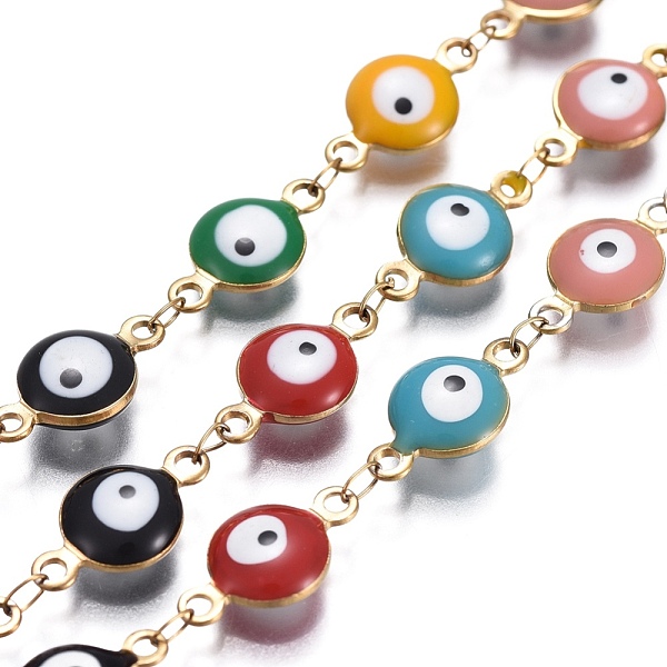 

PandaHall 304 Stainless Steel Link Chains, with Enamel, Soldered, Flat Round with Evil Eye, Golden, Mixed Color, 14.5x8x3~4mm 304 Stainless..., Multicolor