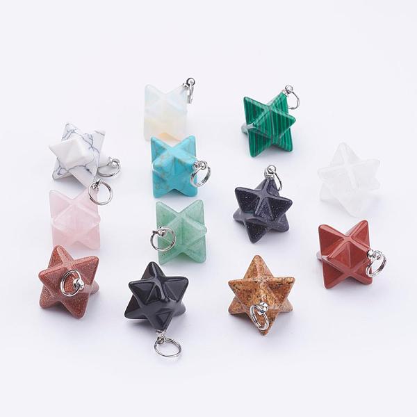 

PandaHall Natural & Synthetic Mixed Stone Pendants, with 201 Stainless Steel Split Rings, Stainless Steel Color, Merkaba Star...