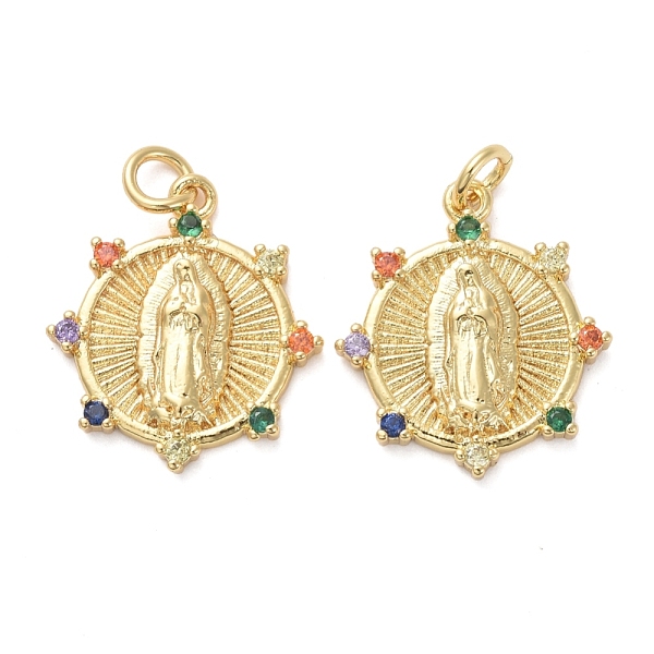 

PandaHall Religion Brass Micro Pave Cubic Zirconia Pendants, with Jump Rings, Flat Round with Saint, Colorful , Golden, 18x16x2.5mm, Hole...
