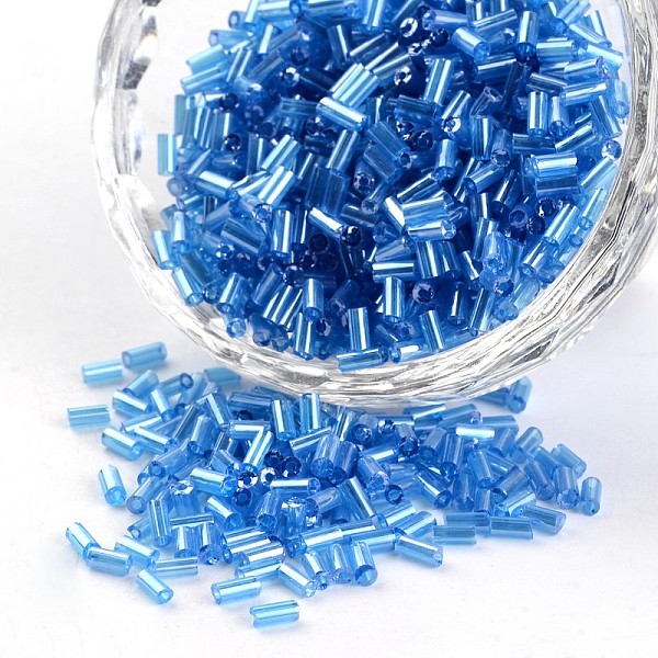 

PandaHall Transparent Colours Pearl Luster Plated Round Hole Glass Bugle Beads, Deep Sky Blue, 2~5x1.8~2mm, Hole: 0.8mm, about 12000pcs/450g...