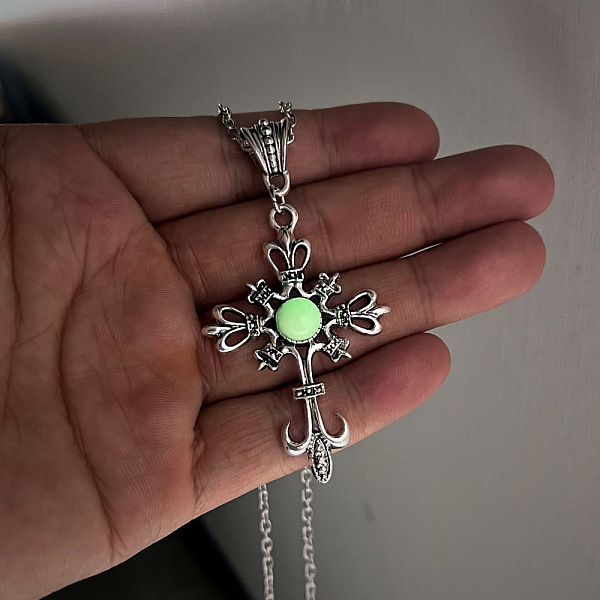 

PandaHall Luminous Glow In The Dark Glass Cross Pendant Necklace, Alloy Jewelry, Green, 19.69 inch(50cm) Alloy Cross Green