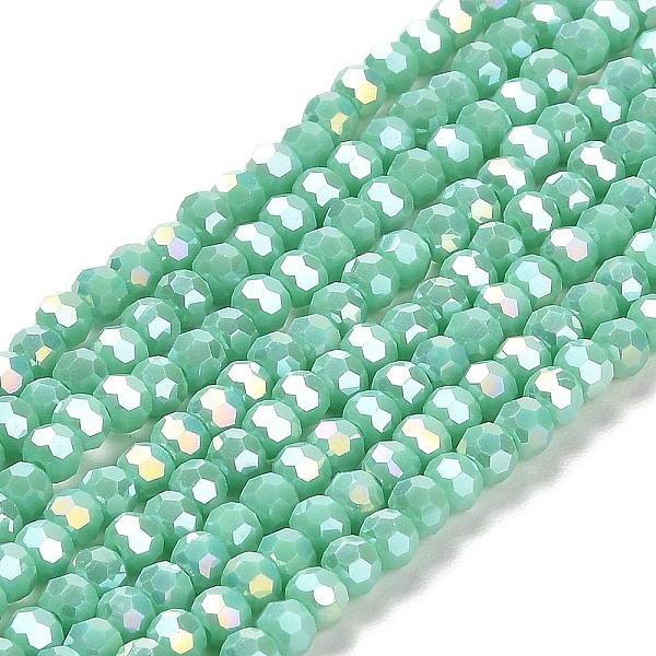 

PandaHall Opaque Glass Beads Stands, AB Color, Faceted(32 Facets), Round, Aquamarine, 3.5x3mm, Hole: 1mm, about 163~166pcs/strand, 50~51cm..., Green