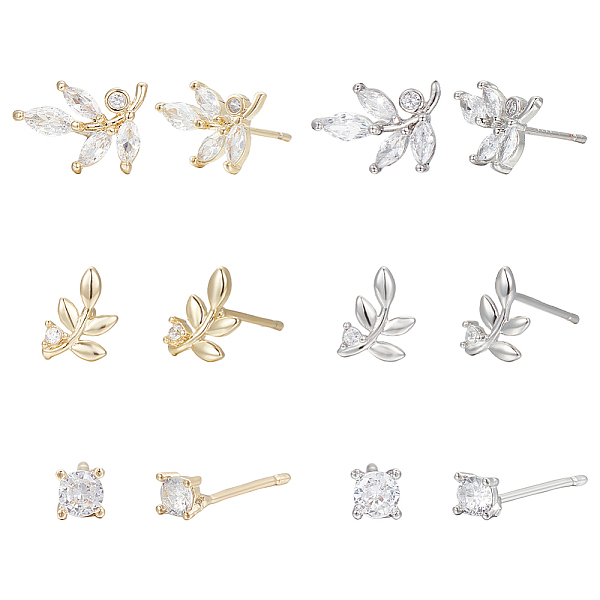 

PandaHall ANATTASOUL 2 Sets 2 Colors Brass Micro Pave Cubic Zirconia Stud Earrings Set, Leaf & Diamond, Platinum & Golden, 4.5~11x4~8mm, 3...