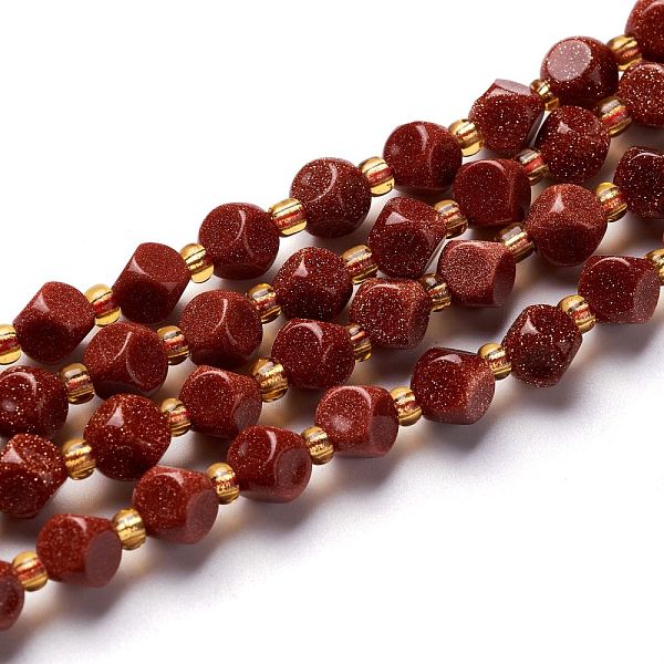 

PandaHall Synthetic Goldstone Beads Strands, with Seed Beads, Six Sided Celestial Dice, 6~6.5x6~6.5x6~6.5mm, Hole: 0.5mm, about 26pcs/strand...