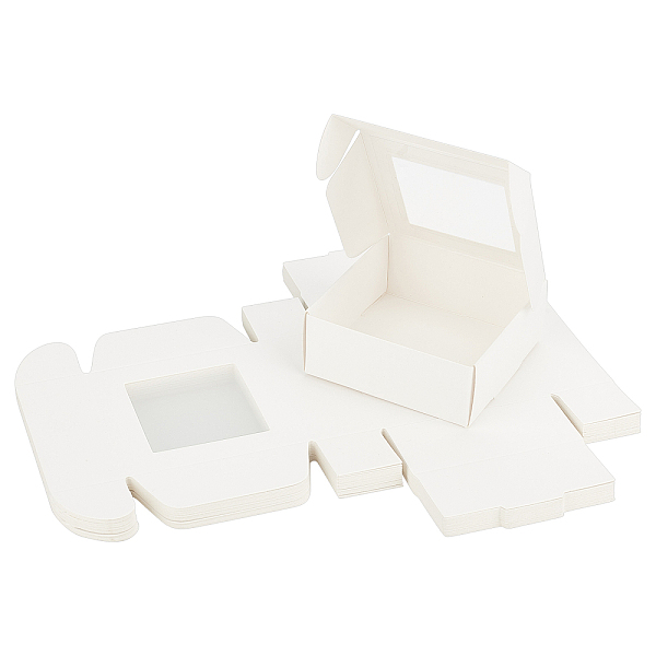 PandaHall Kraft Paper Cardboard Jewelry Boxes, with PVC Window, Square, White, Box: 8.5x8.5x3.5cm Paper Square White