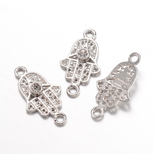 

PandaHall Alloy Rhinestone Links connectors, Hamsa Hand/Hand of Fatima/Hand of Miriam, Platinum, 29.5x16x4mm, Hole: 2mm Alloy+Rhinestone..., Clear