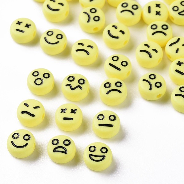 

PandaHall Opaque Champagne Yellow Acrylic Beads, Flat Round with Black Random Expression, 7x4mm, Hole: 1.6mm, about 3650pcs/500g Acrylic...