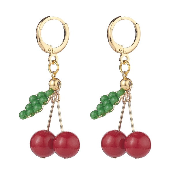 

PandaHall Natural Mashan Jade & Glass Seed Beaded Cherry Dangle Leverback Earrings, Brass Wire Wrap Jewelry for Women, Red, 42mm, Pin...