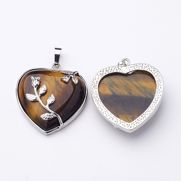 

PandaHall Heart Natural Tiger Eye Pendants, with Platinum Plated Brass Pendant Settings, 36x31~33mm, Hole: 6mm Tiger Eye Heart Brown