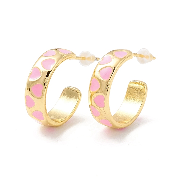 

PandaHall Real 18K Gold Plated Brass Stud Earrings for Women, Rack Plating Open Hoop Earring, Heart Pattern Enamel Half Hoop Earring..., Pink