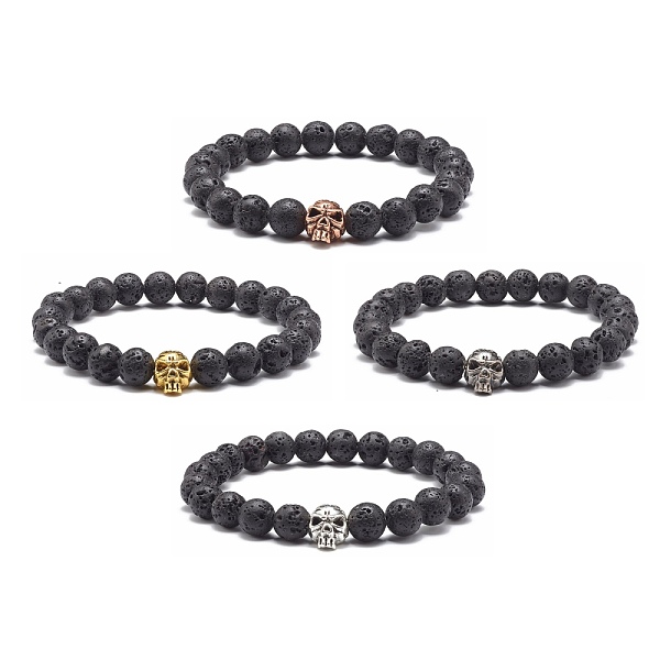 PandaHall Natural Lava Rock Round Beads Stretch Bracelet, Skull Tibetan Style Alloy Bead Bracelet, Anti Depression and Anxiety Relief Items...